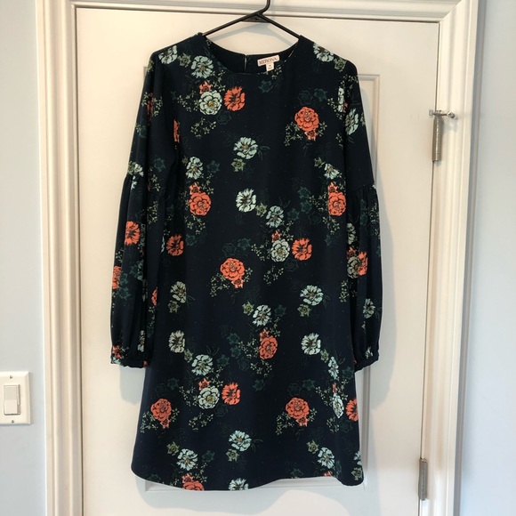 Merona Navy Blue Floral Long Sleeve Shift Dress - Picture 1 of 6